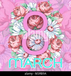 8 March. Happy women's day greeting card, holiday vector floral banner. Pink 8 on a hand drawn floral ornament from flowers of roses and chamomiles on Stock Vector