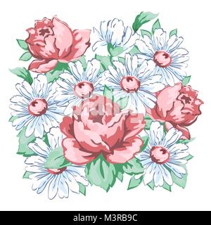 Flowers hand drawn, floral embroidery design, fabric print, vector floral ornament. Hand drawing flower composition from roses and chamomile, buds, pe Stock Vector