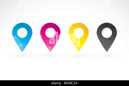 cmyk colored pins to determine the position on the map Stock Vector