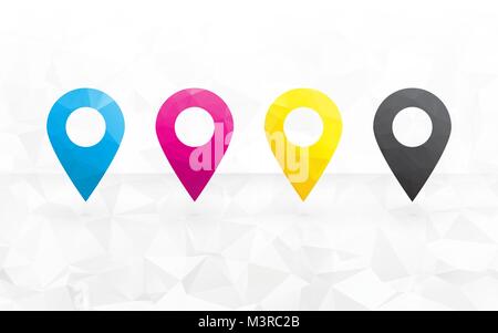 cmyk colored pins to determine the position on the map in the background triangular Stock Vector