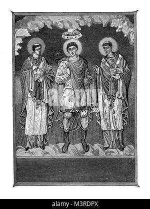 Miniature from a Roman missal ( Canon of the mass) of IX century, representing Saints in blessing pose Stock Photo