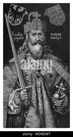 Engraving portrait of Charlemagne or Charles the Great (742-814) from a painting of Albrecht Durer dated 1510 Stock Photo