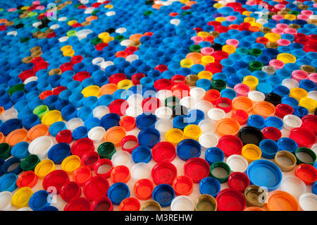 Panel of Different color bottle plastic caps Stock Photo