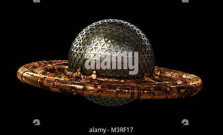UFO, alien spaceship isolated on black background, flying saucer with steampunk look (3d rendering) Stock Photo