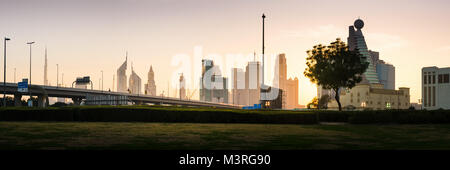 Dubai, United Arab Emirates, February 11, 2018: Dubai new city panoramic view at sunset from the park Stock Photo