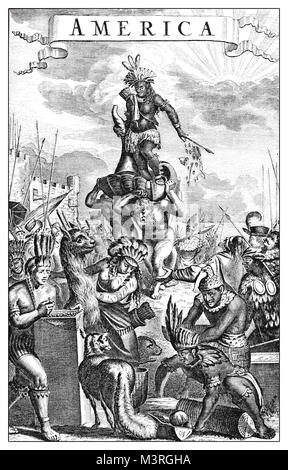 Allegorical representation of South America and native people, year 1673 illustration Stock Photo