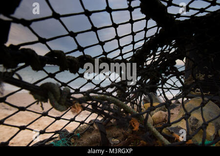 Close up of old, discarded lobster pot abandoned on beach, amongst debris washed ashore by tide. Soft-focus sunset sunset, visible through netting. Stock Photo