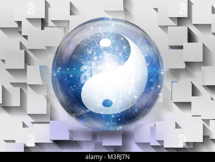 Yin Yang symbol is contained inside of glass sphere. 3D rendering Stock Photo