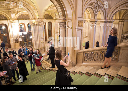 VIENNA, AUSTRIA - FEBRUARY, 2018: Interior of Vienna State Opera with magnificent staircase in the entrance area. Stock Photo