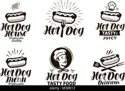 Hot dog logo or label. Fast food, eating emblem. Typographic design vector illustration Stock Vector