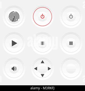 White round knobs with symbols; fingerprint, standby (red/black for on/off), play, stop, pause, sound level, 4-direction signs, and blank knob. Stock Vector