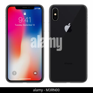 Black Apple iPhone X with iOS 11 lockscreen front side and back side isolated on white background. Stock Photo