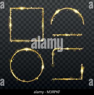 Golden glowing frames and elements with shiny sparks. Decorative element for banner or templates on transparent background. vector illustration Stock Vector