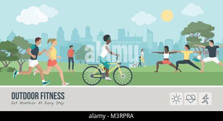 Young people doing physical activity outdoors at the park, they are running, cycling and practicing yoga; healthy lifestyle and fitness concept Stock Vector