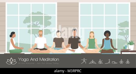 Multiethnic group of people sitting together in the lotus position, they are practicing mindfulness meditation and yoga, healthy lifestyle and spiritu Stock Vector