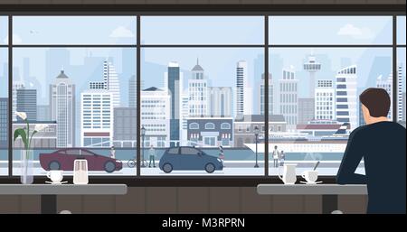 Man relaxing at the cafe, he is having a coffee and staring at the window, city view on the background Stock Vector