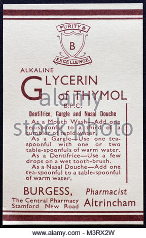 Vintage Chemist labels for Medicine bottles 1950s - Alkaline Glycerin of Thymol Stock Photo
