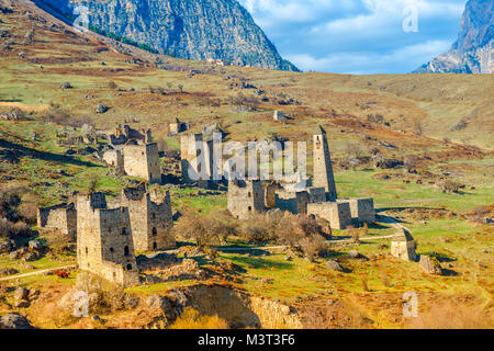 beautiful scenery of Egikal ancient towers and ruins in Ingushetia Jeyrah ravine and Caucasus mountains, Republic of Ingushetia, Russia Stock Photo