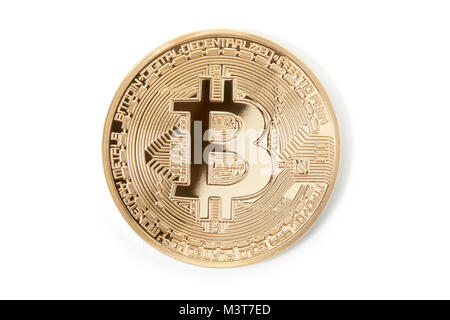 Bitcoin, golden coin half in shadow isolated on white, clipping path included Stock Photo