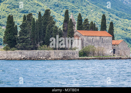 Island of Saint George with church of Benedictine monastery, one of the two islets of the coast of Perast town in the Bay of Kotor, Montenegro Stock Photo