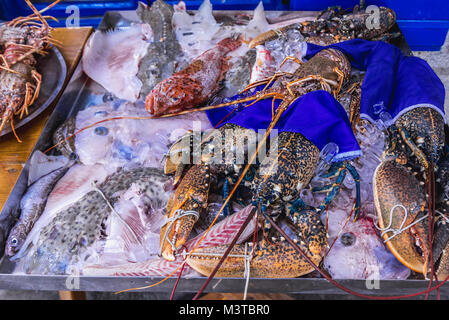 Lobsters in front of small restaurant in Rafailovici resort town, part of so called Budva Riviera on the coast of Adriatic Sea in Montenegro Stock Photo