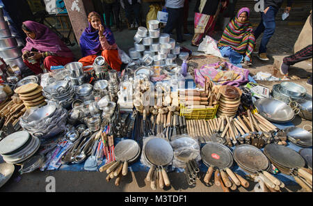 Pots and pans for sale in the Chandni Chowk Market, Old Delhi, India Stock Photo