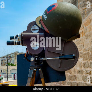 Bisceglie, Italy - June 2, 2017: the 40's re-enactment event. Bell and Howell world war two cine camera on american jeep during his campaign in Italy Stock Photo