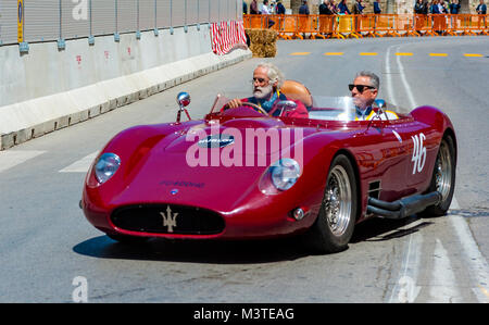 Bari, Italy - April 30, 2017: Participant in his racing car at the competition in the historic reenactment of the Grand Prix in Bari, held in Bari in  Stock Photo