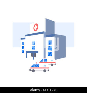 Hospital building and ambulance cars icon. Medical health emergency flat illustration Stock Photo