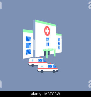 Hospital building and ambulance cars icon. Medical health emergency flat illustration Stock Photo