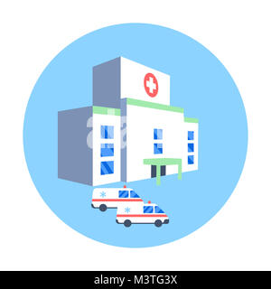 Hospital building and ambulance cars icon. Medical health emergency flat illustration Stock Photo