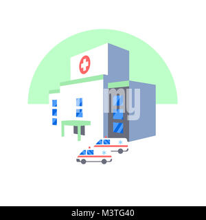 Hospital building and ambulance cars icon. Medical health emergency flat illustration Stock Photo