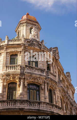 Detail of the upper part of a baroque palace in the center of old Havana angle Stock Photo
