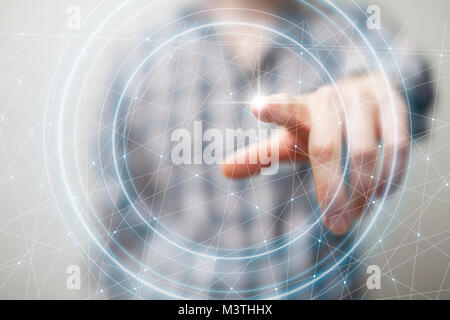 Businessman on blurred background using flying network connection interface 3D rendering. Technologies that impress. Presenting wireless technologies. Stock Photo
