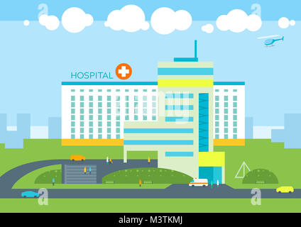 Hospital building, doctors patients clinic, ambulance car and helicopter. City landscape panoramic urban background. Medical health concept flat illus Stock Photo