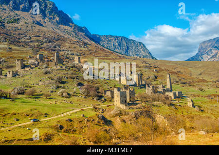 beautiful countryside of Egikal ancient towers and ruins in Ingushetia Jeyrah ravine and Caucasus mountains, Republic of Ingushetia, Russia Stock Photo