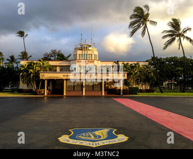 The newly restored 'Crow's Nest' sits atop the Pacific Air Forces (PACAF) Operations Building at Hickam Field, Oahu, Hawaii, Aug 11, 2016. The building looks as it did on the morning of Dec 7, 1941 when Japanese aircraft attacked Hickam Field as part of a coordinated aerial attack to destroy the U.S. Pacific Fleet at Pearl Harbor. (U.S. Air Force photo by J.M. Eddins Jr.) Hickam 001 by AirmanMagazine Stock Photo