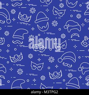 Seamless pattern of different carnival decorations: masks, christmas hats, mustache, beard. Carnival festive concept. Costume for a party. Stock Vector