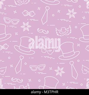 Seamless pattern of different carnival decorations: masks, hats, mustache  and other. Carnival festive concept. Costume for a party. Stock Vector