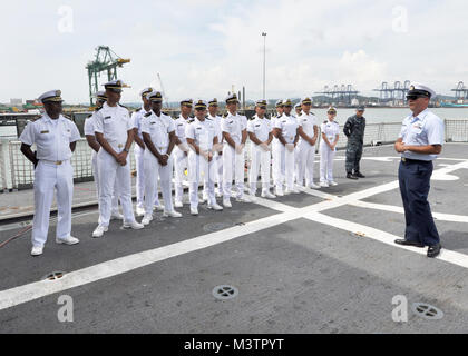 151160920-N-PI800-0100 PANAMA CITY, Panama (Sept. 20, 2016) – Students from International Maritime University of Panama (UMIP) get a tour of USCGC Mohawk (WMEC-913) led by Seaman Gerardo Leon Matos.   Mohawk is taking part in UNITAS 2016. UNITAS is an annual multi-national exercise that focuses on strengthening our existing regional partnerships and encourages establishing new relationships through the exchange of maritime mission-focused knowledge and expertise throughout the exercise. (U.S. Navy Photo by Cmdr. Erik Reynolds/RELEASED) 160920-N-PI800-0100 by U.S. Naval Forces Southern Command  Stock Photo