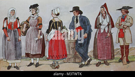 Fashion, costumes, clothing in France in the early 19th century, from the left, wife from Nice, Provence, a woman from Macon, Burgundy, a farmer from the Limoges area, a docker from Avignon on the Rhone, a young woman from the Valley of Aure and a farmer from Savoy, digital improved reproduction from an original from the year 1900 Stock Photo