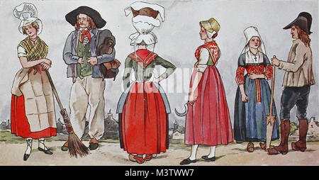 Fashion, costumes, clothing in France at the beginning of the 19th century, from the left, a maid from Bordeaux, a porter from Bordeaux, a Bordeaux-based vendor of baked apples and a peasant couple from the Auvergne, digital improved reproduction from an original from the year 1900 Stock Photo
