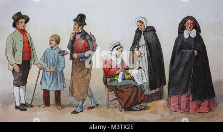 Fashion, costumes, clothes in Belgium in the 19th century, from the left, a farmer and a boy from the area of Brussels, a tinker from the Brabant region, a lace maker from the area of Bruges, a woman from Bruges, wife from Ostend, digital improved reproduction from an original from the year 1900 Stock Photo