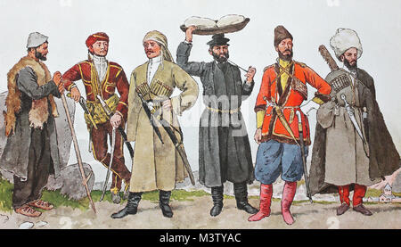 Fashion, costumes, clothes in the Caucasus, from the left, shepherds from the landscape Svaneti, then a guric prince in old costume, a man from Mingrelien in Georgia, then a dealer from Grusien or also Georgia with white cheese, then a Georgian prince from Tbilisi in old national costume and an ossete from militia, digital improved reproduction from an original from the year 1900 Stock Photo