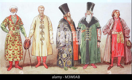 Fashion, clothes in Russia in the 16th - 17th century, from the left, a boyar in field dress in 1600, Tsar in house style around 1550, two boyars in the 16th century and a boyar in the 17th century, digital improved reproduction from an original from the year 1900 Stock Photo