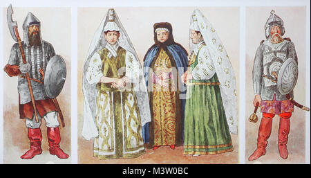 Fashion, clothes in Russia in the 16th - 17th century, left and right one warrior of the 16th century, and in the middle Boyars women from Torshok in festive costume, digital improved reproduction from an original from the year 1900 Stock Photo