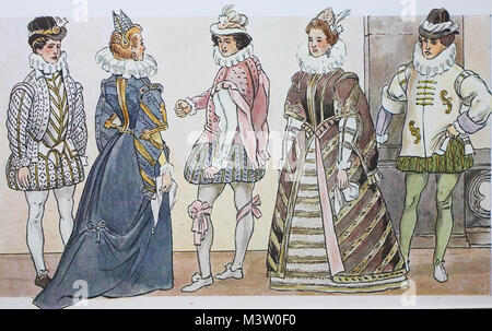 Fashion, costumes, clothing in Italy under the Spanish fashion around 1590-1610, Milan 1604, Milan ladies and gentlemen in courtly dance poses, digital improved reproduction from an original from the year 1900 Stock Photo