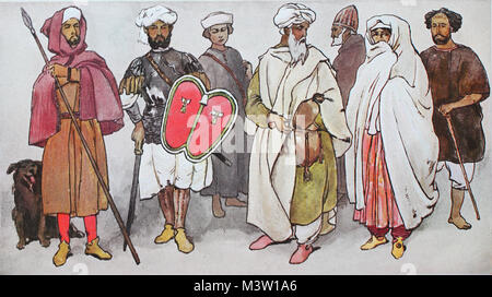 Clothing, fashion in Spain and Portugal around 1500-1540, Spanish Moors, from left, a hunter with Jadgspeer, a warrior with a striped shirt, a man with a turban, a man from the city of better standing, a man with a cap, a wife of better status and a citizen, digital improved reproduction from an original from the year 1900 Stock Photo