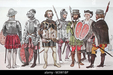 Clothing, fashion in Spain and Portugal around 1500-1540, Spanish princes and discoverers, from the left, two armors in the Armeria Real, the arms collection in Madrid, then Ferdinand Cortez, then two soldiers of Cortez, then costume of Cristobal Colombo and another Soldier of Cortez, digital improved reproduction from an original from the year 1900 Stock Photo