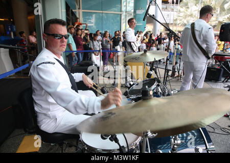 170409-N-IX266-001  KUALA LUMPUR (April 9, 2017) Musician 2nd Class Ray Lafoon, a Sacramento, Calif. native and drummer with Pacific Fleet (PACFLT) Band, performs during a community outreach event at eCurve shopping center here, April 9. The PACFLT band is currently assigned to Pacific Partnership 2017, a humanitarian assistance and disaster response preparedness mission that is currently traveling in the Indo-Asia-Pacific region conducting military exchanges with host partners. The contingency traveled to Malaysia aboard the expeditionary fast transport USNS Fall River (T-EPF 4). (U.S. Navy p Stock Photo